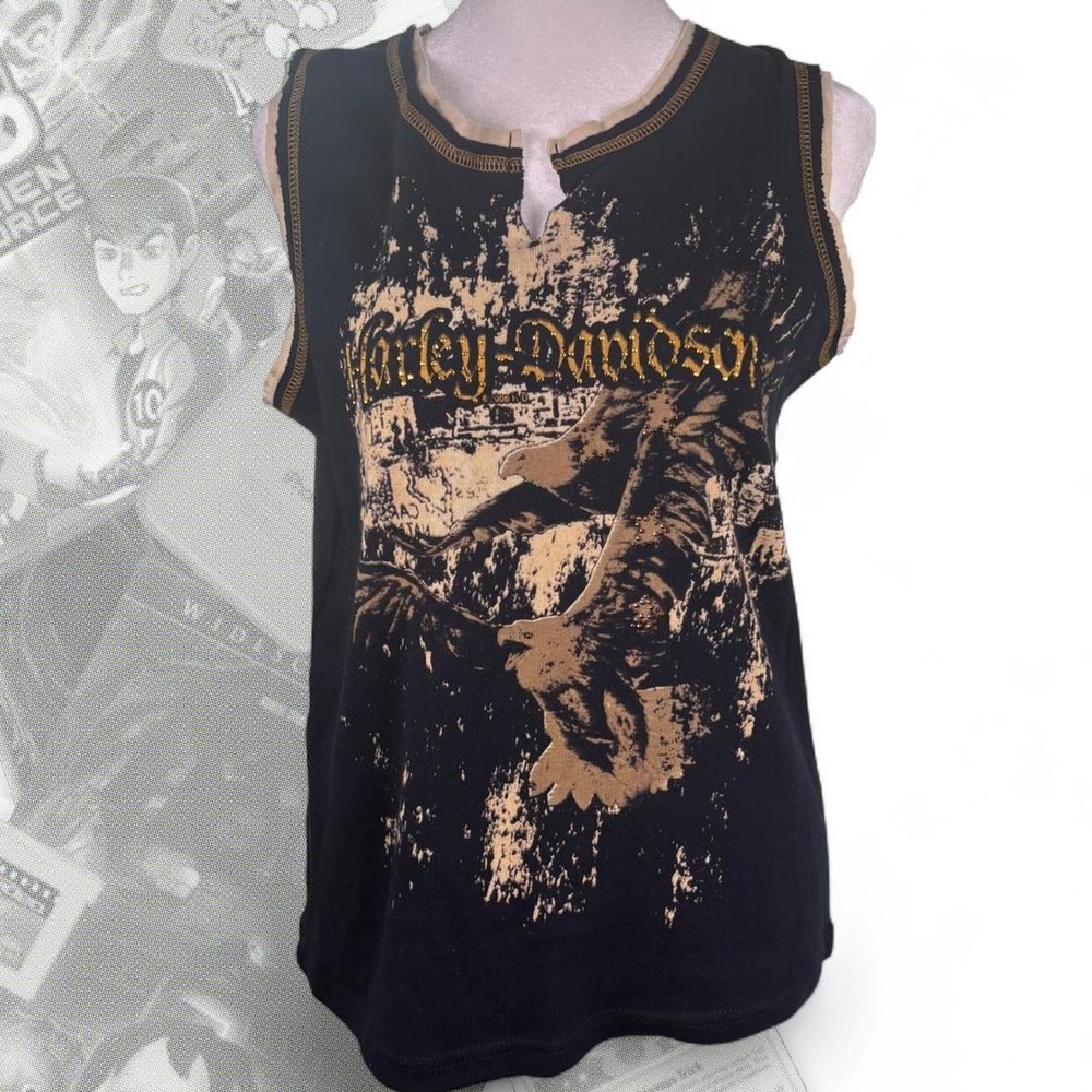 Harley Davidson Vintage Y2K Rhinestone Eagle Graphic Tank Top Black Gold XL - Picture 2 of 6